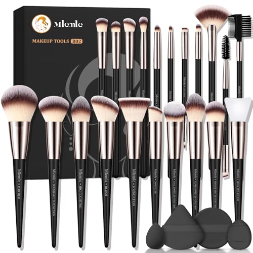 Makeup Brushes Set, Mlemle Professional 25 Pcs Makeup Kit, Include Powder Foundation Concealers Blush Eye shadows 21 Pcs Makeup Brushes and 2 Powder Puff, 2 Makeup Sponge(B02-CreamBlack)