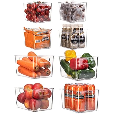 Set Of 8 Clear Pantry Organizer Bins Refrigerator Organizer Bins,Plastic Stackable Fridge Organizer Clear Storage Bins For Organizing Kitchen,Cabinet And Countertops,BPA Free(4 Small & 4 Large) Cover