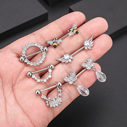 2Pcs 14G Dainty Bee Nipple Rings Surgical Steel Nipple Piercing Barbell Nipple Studs Body Piercing Jewelry For Women (Cute Bees) #TOP4