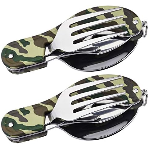 Powerdelux 2 Stück Campingbesteck aus Edelstahl 5 in 1 Klappbesteck Aluminium Multifunktions Campinggeschirr Reisebesteck Set Rutschfester Griff Cover