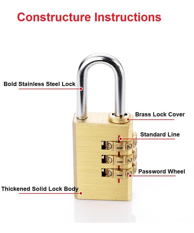 Image of 3-Digit Combination Padlock Shackle Copper Resettable Padlock Gym Lock Waterproof for Gate & Door Hasps Toolboxes Drawing 3mm 2PCS