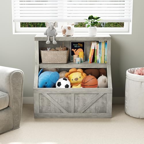 GarveeHome Kids Bookshelf and Toy Storage, 2 Tier Toy Organizer with Storage Cabinet, Toddler 2 Shelf Bookcase for Playroom, Bedroom, Living Room, Classroom, Grey