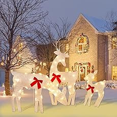 Impressive Reindeer Christmas Decoration Family [Set of 3] Large Lighted Christmas Deer Outdoor Decoration Display with 365 LED Lights all-weather (Buck/Doe/Fawn) With Red Bows/Tie-Down Stakes - White
