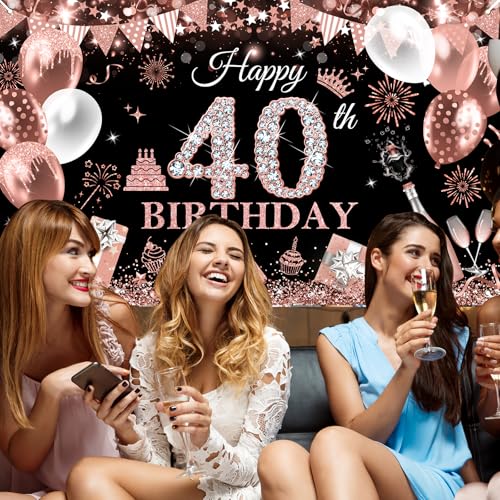 Image of Avezano Happy 40th Birthday Banner for Women Black and Rose Gold Glitter Balloon 40 Birthday Party Backdrop 40 Year Old Bday Photo Backdrop Party Supplies 70.8 x 43.3 Inch