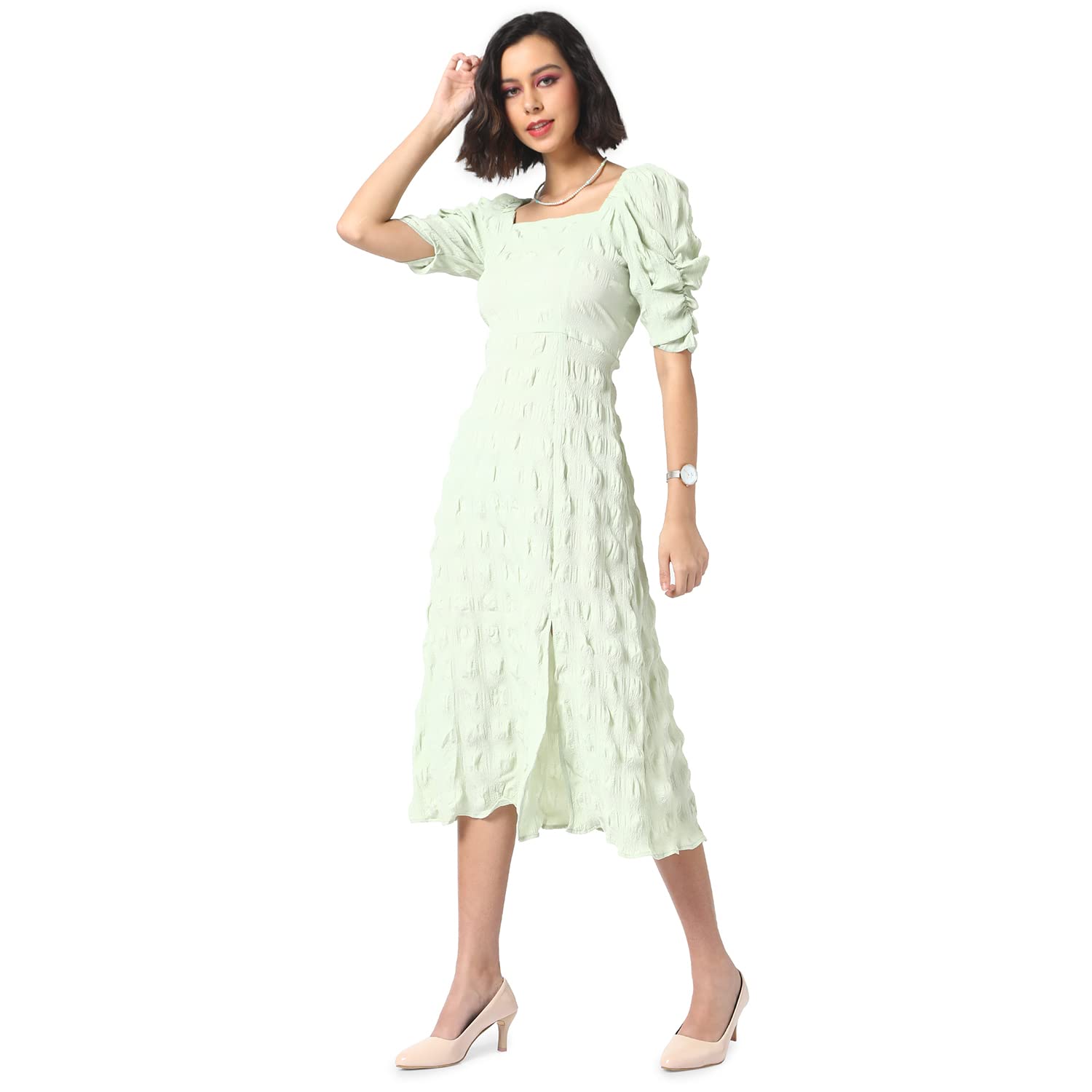 Campus Sutra Women's Creased Midi Dress For Casual Wear | Puff Sleeve | Midi Length | Pull On Closure | Dress Crafted With Comfort Fit For Everyday Wear