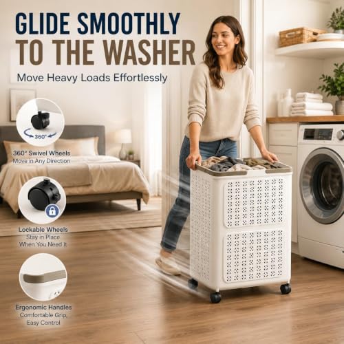 Image of TASMAX foldable laundry basket with wheels collapsible laundry basket plastic