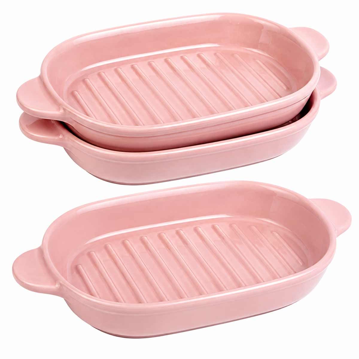 Ceramic Rectangular Baking Dish, Matte Pink, 24.4x16.5 cm, with Handles and Ribbed Bottom, Set of 3, Oven and Microwave Safe