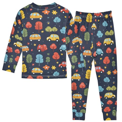 Pajama Sets Long Sleeve Cars Trees Flowers Background Soft Comfy Sleepwear 2 Piece PJS 3-8T3