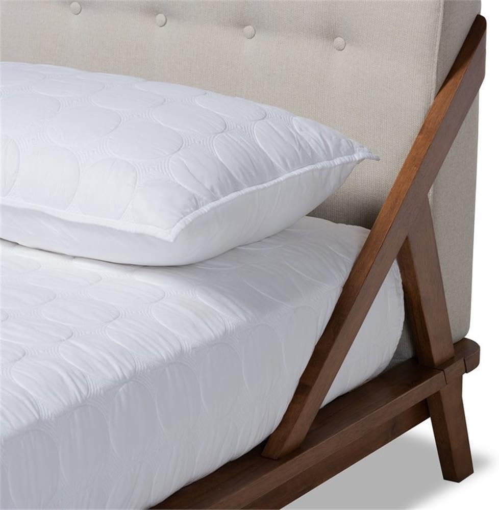 BOWERY HILL Mid-Century Queen Platform Bed, Solid Rubberwood Frame with Light Beige Upholstered Headboard, Walnut Brown Finish, Slat Support, 33.7" H x 65" W x 88.8" D, Stylish Bedroom Furniture