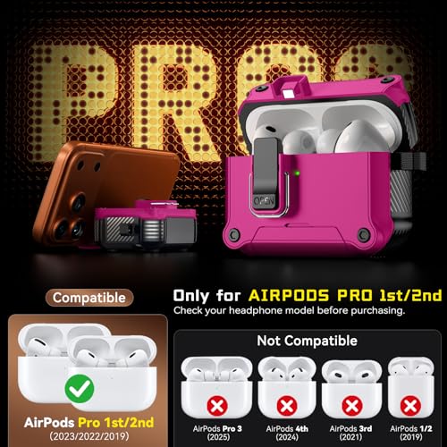 Image of Inesore for AirPods AirPods Pro 1st /2nd Case with Secure Lock (Rose red) | Phone Stand Design,Compatible with MagSafe,Automatic Snap Switch Secure Cover with Cleaner Kit & Keychain