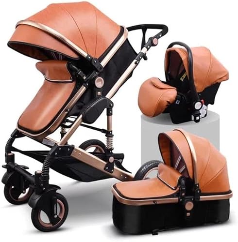Belecoo 3 in 1 Baby Stroller Pram PU Leather Stroller With Car Seat