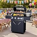 4 Burners Propane Gas Grill with Visual Glass, 50000 BTU Outdoor BBQ Propane Grill with Side Burner, Heighter, Double-Layer Lid, Stainless Steel Grids and Observing Changes in Food for Perfect BBQ