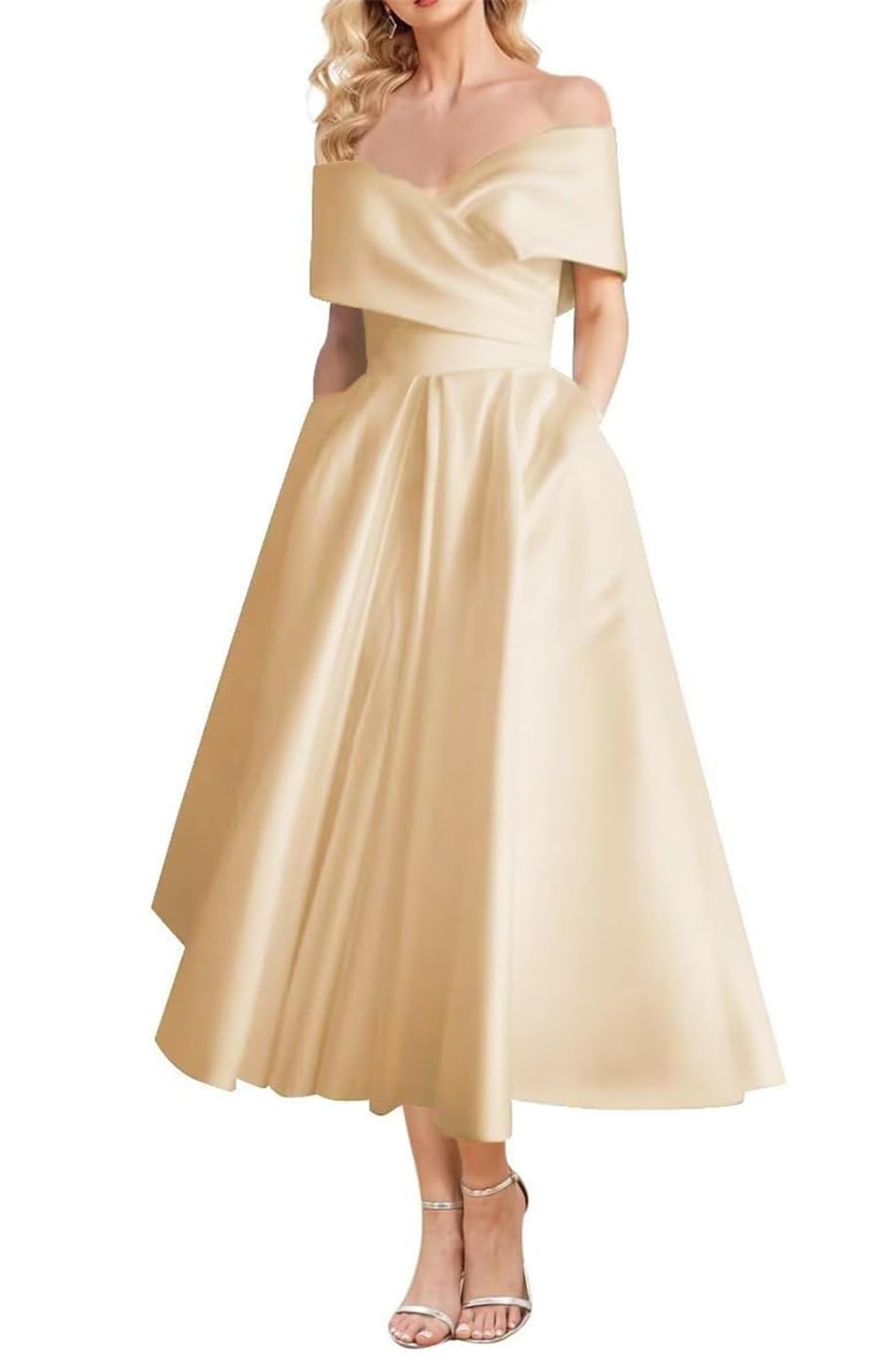 KIYNE Off Shoulder Satin Prom Dresses for Teens with Pockets Tea Length Formal Dress Champagne Cocktail Gown UK14