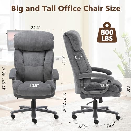 CLATINA Ergonomic Big and Tall Executive Office Chair with Upholstered Swivel 800lbs High Capacity Adjustable Height Thick Padding Headrest and Armrest for Home Office Grey