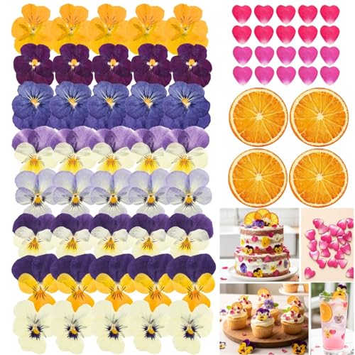 74 Pcs Edible Flowers for Cocktails Cake Decorating Drinks, Real Dried Pressed Flowers Cupcake Toppers, Food Grade Dry Flowers for Crafts Resin Mix with Pansy, Heart Rose Petals, Orange