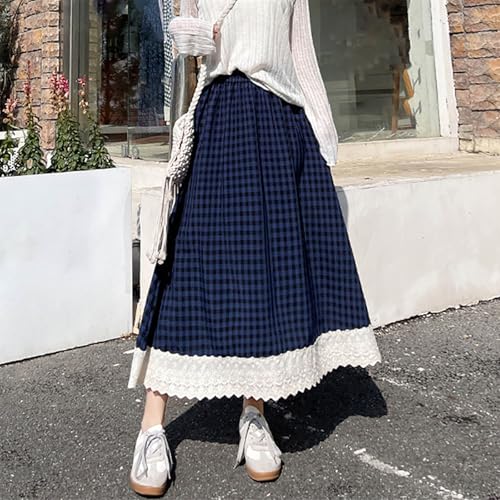 Long Plaid Skirts for Women Girls Cute Lace Eyelet Ruffle Hem Skirt Casual Elastic Waist Gingham Swing Midi Skirt2