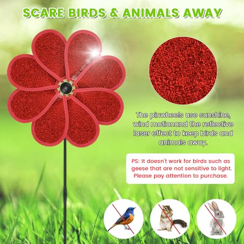 DECEED 4PCS 11.4" W x 28" H Reflective Pinwheels Sparkly Lawn Wind Spinners Colorful Rainbow Windmill for Garden Decoration Bird Devices Deterrent to Scare Birds Away (Red) by DECEED - Used condition - Image 5
