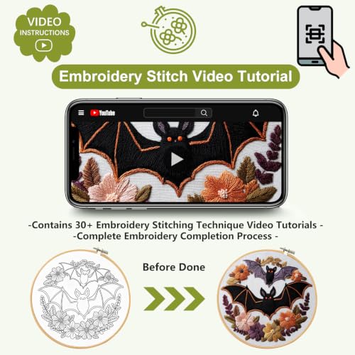 Image of Santune Halloween Embroidery kit,Fall Needlepoint Cross Stitch Kits for Beginners Adult,Needle Point Sets,4 Embroidery,2 Hoops,Halloween Ornaments