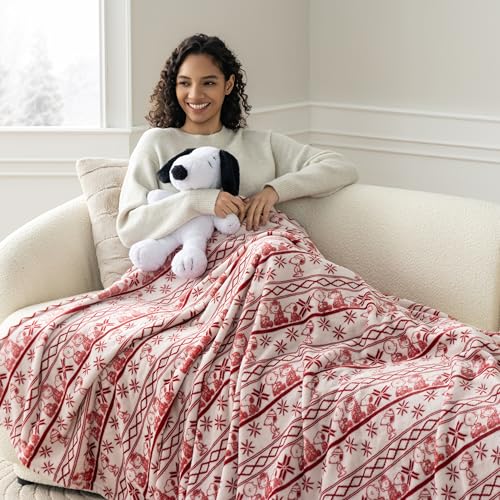 Image of Berkshire Peanuts VelvetLoft Cute Character Snoopy Plush Throw Blanket,Cozy Fairisle Crimson Neutral,Throw 55 in x 70 in (Official Peanuts Product)