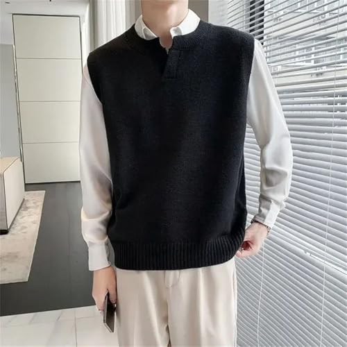 Men Sleeveless Knit Vest V Neck Pullover Waistcoat Black Solid Color Casual Layering Piece Fall2