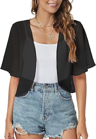 ZNVGIRL Women Shrug Open Front Cover ups Chiffon Cropped Wraps for Summer Beach (Black,M)