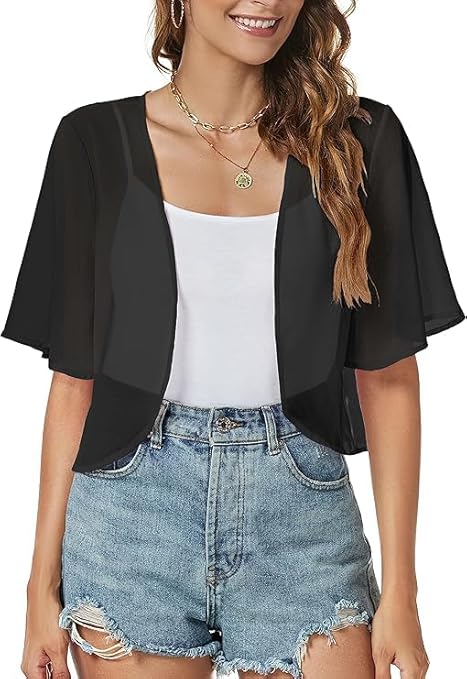 ZNVGIRL Women Shrug Open Front Cover ups Chiffon Cropped Wraps for Summer Beach (Black,M)