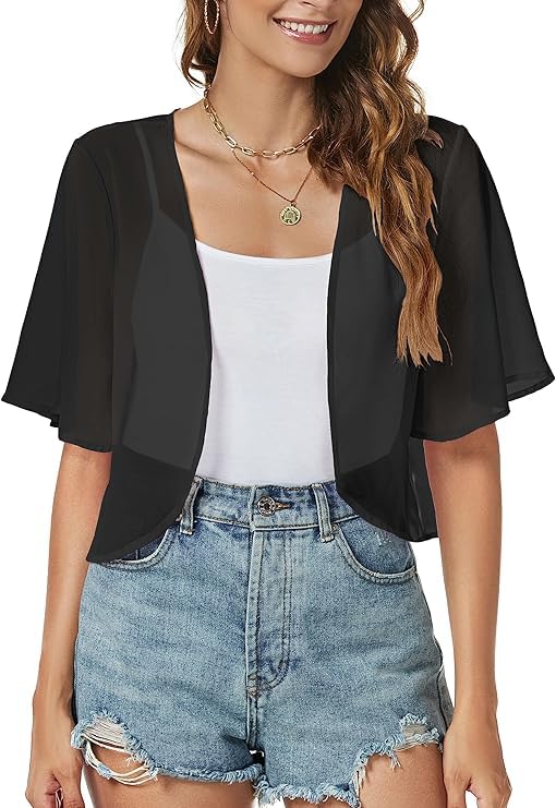 Women Shrug Chiffon Cardigans Open Front Short Sleeve Bolero for Evening Dressy