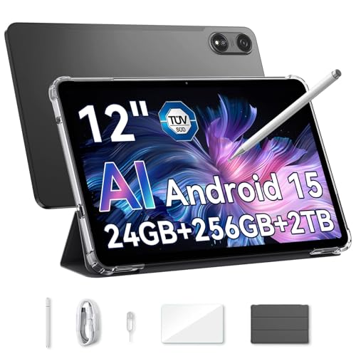 OSCAL AI Tablet 12 Pulgadas Android 15 Pad, 2K 120Hz Tablets Pc, 24GB RAM + 256GB ROM (TF 2 TB), Tablet con Sim 4G LTE & WiFi5, 9000mAh Baterías, Octa-Core T615, GPS, GMS, con Funda y Lápiz