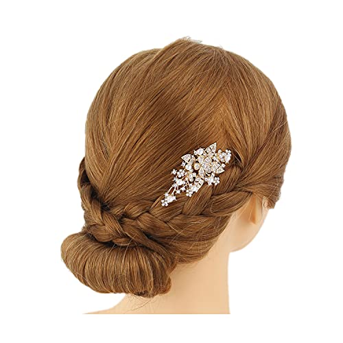EVER FAITH Austrian Crystal Bridal Orchid Flower Leaf Cream Simulated Pearl Hair Comb Clear Gold-Tone