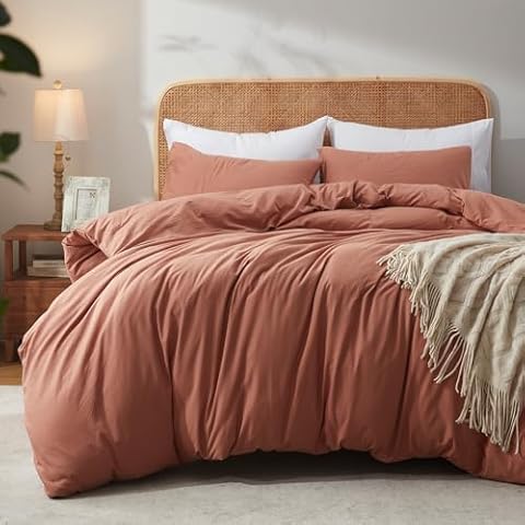 BedTreat Coffee Duvet Cover Set Queen Size-100% Washed Cotton Linen Feel Textured Comforter Cover Set-3 Pieces- Super Soft and Breathable Bedding Set for All Seasons,Easy Care(No Comforter) Cover