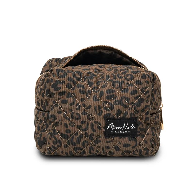 Moon Nude Quilted Travel Makeup Bag Cute Cosmetic Pouch for Women Small Toiletry Organizer Case Portable Accessories Essentials Purse Soft Washable Mini Beauty Bag - Leopard