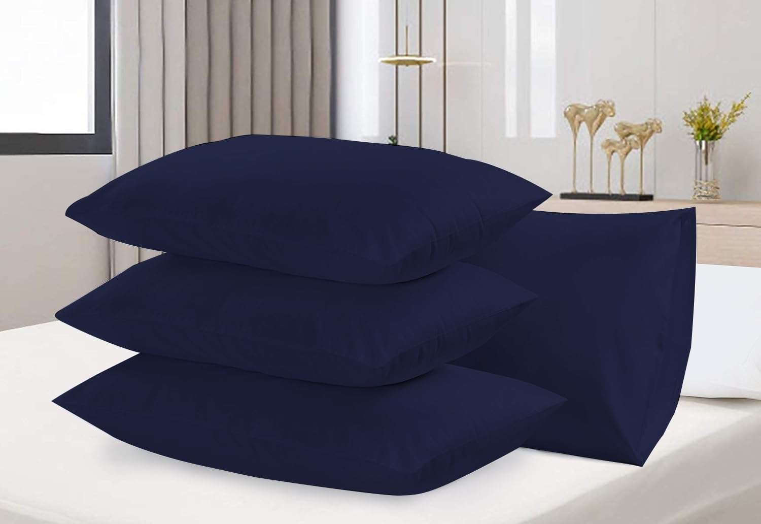 Rehan & Co Navy Blue Pillow Cases 4 Pack 200 Thread Count Egyptian Cotton Bedding Envelope Enclosure Hotel Quality Pillow Covers Breathable Housewife Pillowcases (50 X 75 Cm)