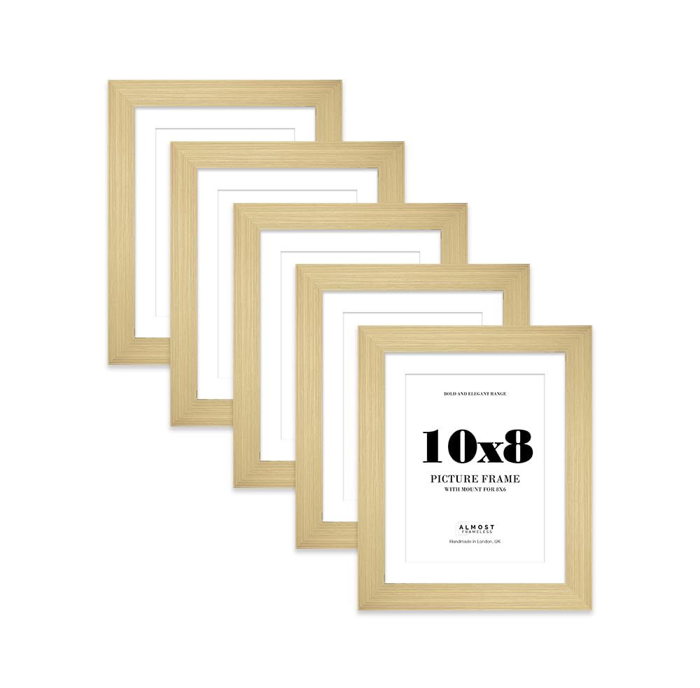 10x8 Gold Frame With Mount for 8x6 Pictures 28mm Edge Portrait and Landscape Display with Wall Hooks and Kickstand, 5 Pack