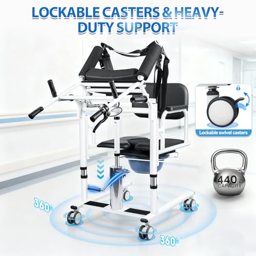 Image of 5 in 1 Patient Lift Transfer Chair for Elderly and Home, Portable Adjustable Height Footrest Hydraulic Lift Nursing Wheelchair 180 Split PU Leather and Thickened Sponge Seat, 440lbs