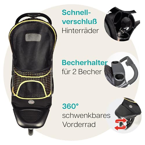 Innopet Hundebuggy Adventure Hundewagen Katzenbuggy Schwarz/Gelb - geländegängig - pannensichere 30cm EVA-Räder - einhändig faltbar - geräumiger Stauraum