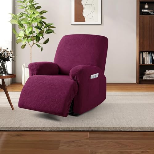 Image of VANSOFY Oversized Recliner Chair Cover, 4-Pieces Stretch Recliner Covers for Recliner Chair Soft Reclining Chair Slipcover Jacquard Pattern Furniture Protector for Dogs Cats(Burgundy)