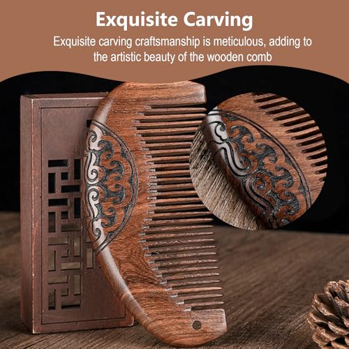 Natural Sandalwood Fine Tooth Comb - Anti Static Wooden Comb for Women, Smooth Detangling Hair Comb, Portable Travel Mini Wood Combs for Curly & Straight Hair
