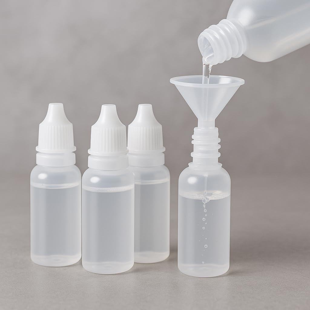 5 PCS (4 Bottles + 1 Funnel) 15ml (0.5oz) Small Plastic Dropper Bottles - Empty, White Eye Liquid Dropper Bottle, Squeezable & Portable Travel Containers for Eye Drops, Refillable with Cap and Plug