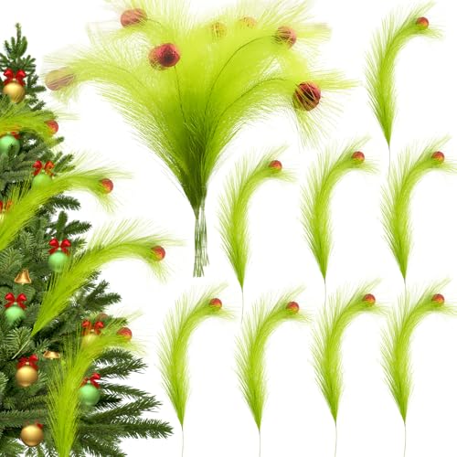 8Pcs Christmas Tree Topper, 16.9 Inch Green Lime Curly Tree Picks with Red Glitter Balls Xmas Artificial Green Ornaments Stems for Christmas Tree Wreath Decorations Home Party Crafts Decor