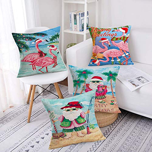 Sharej Set Of 4 Merry Christmas Beachy Greetings Quotes Decorative Pillow Covers 18X18 Inch Santa Beach Christmas Tropical Flamingo Decor Funny Throw Pillow Covers Cotton Linen Cushion Cover #TOP3