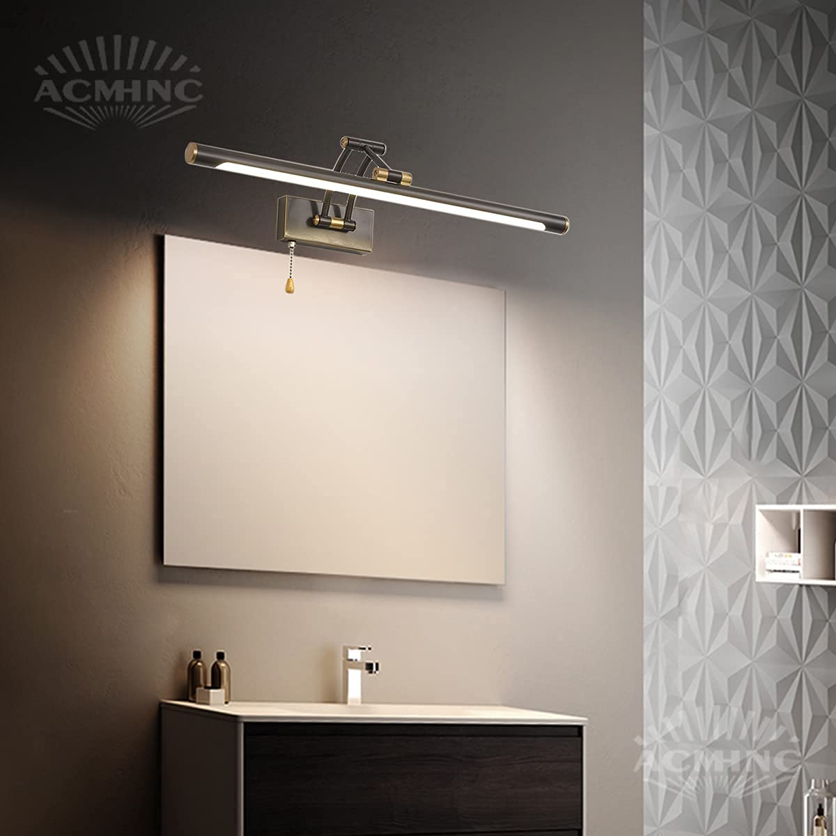 Lampa łazienkowa Vintage Mirror z przełącznikiem pociąganym, 4000K LED Brass Mirror Front Light 3-osiowa regulowana lampa łazienkowa, IP44 lampa ścienna do toaletki, szafka z lustrem kosmetycznym,