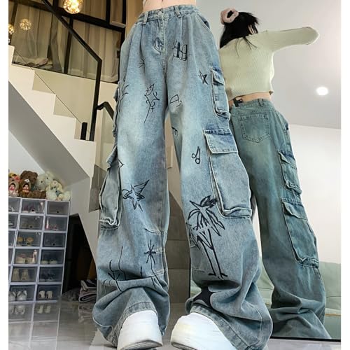 Y2K Fashion Straight High Waisted Wide Leg Jeans Casual Gradual Graffiti Patchwork Baggy Denim Pants4