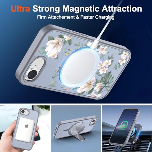Image of VONZEE Compatible with iPhone 17e / iPhone 16e /SE4 Case, Luxury Retro Flowers Floral Clear for Magnetic Wireless Charging Case Shockproof PC+TPU Cute Glossy Shiny Cover for Girls Women, Grey