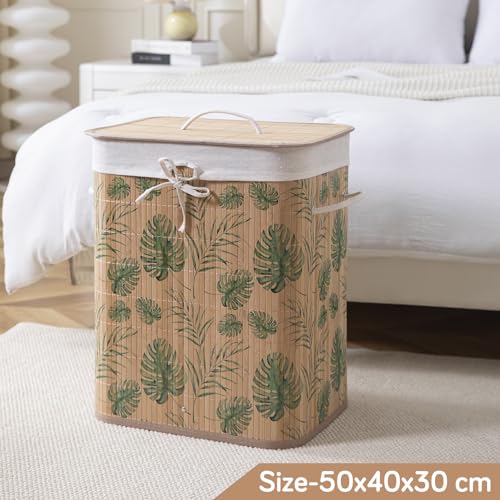 Image of HOKIPO Eco-Friendly Foldable Bamboo Laundry Basket Hamper with Lid, Large - 60 Liter, Tropical Leaves (AR-5751), Multi