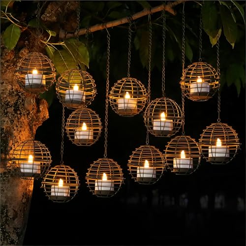 Large Solar Lights Outdoor Hanging Lanterns 12 Pack Rustic Iron 4.3 Ball Solar Tea Lights with Flickering Flame Candle Waterproof Hanging Lights for Backyard Patio Garden Fence Tree Pergola Dcor