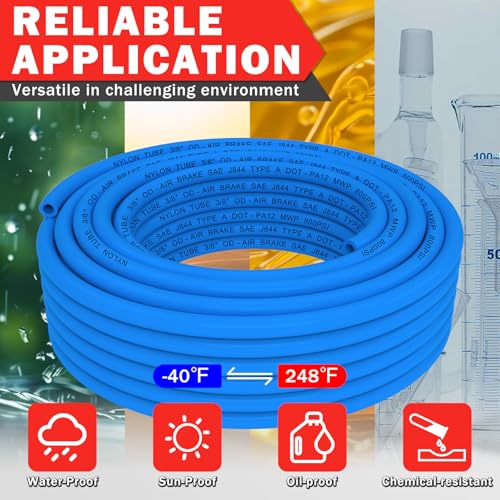 Image of CheeMuii 50 FT 3 /8 inch DOT Air Line Blue 3 /8 PA12 Nylon Pneumatic Tubing 15.2 Meter 3 /8 Inch OD Pneumatic Air Tubing Pipe Hose Line for Semi Truck Trailer or Industrial Air System