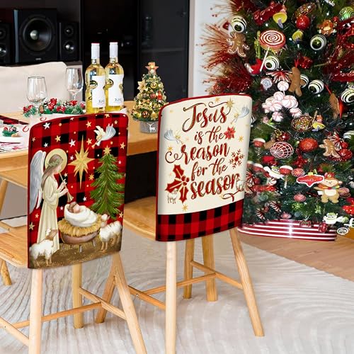 Image of TREWAVE Christmas Chair Covers Set of 6 Buffalo Plaid Nativity Scene Chair Back Covers Holiday Dining Chair Slipcovers Protector Kitchen Dining Room Decor Festival Party Decoration
