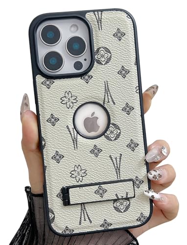 Dropcases Compatible with iPhone 15 Pro Case Designer for Women Girls Luxury Leather Case Logo View with Foldable Stand Shockproof Protective Phone Cover for 15 Pro - 6.1”(White)