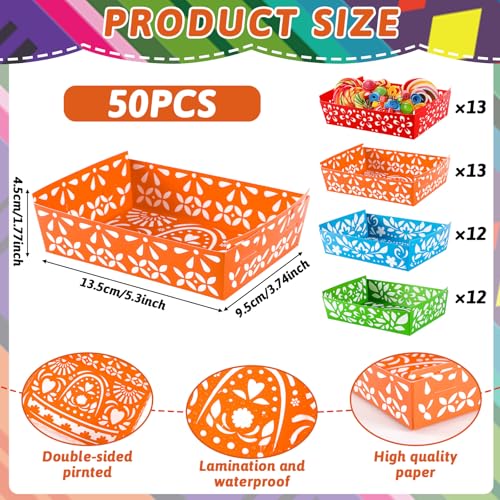 50Pcs Mexican Nacho Trays, Disposable Fiesta Party Snack Trays Taco Boats Paper Food Serving Plates for Cinco de Mayo, Mexican Birthday Party Supplies (Requires Assembly)