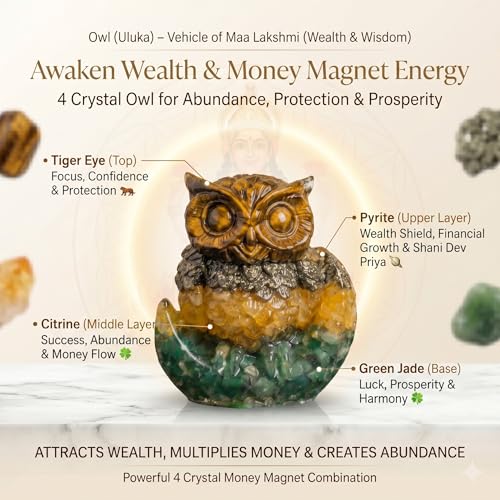 Image of Money Magnet Owl with Moon Base (Maa Laxmi Ji Vahan) with 4 Money Attraction Crystals for Wealth & Protection | Vastu Feng Shui Owl for Money Attraction & Good Luck | Home Decor Gift